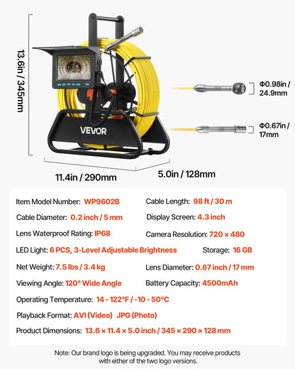 Sewer Camera, 30m Drain Inspection Camera, IP68 Waterproof Snake Plumbing Cameras with Lights - 6 Adjustable LEDs, 4500mAh Battery & 16GB Card for Sewer Line Duct Pipes