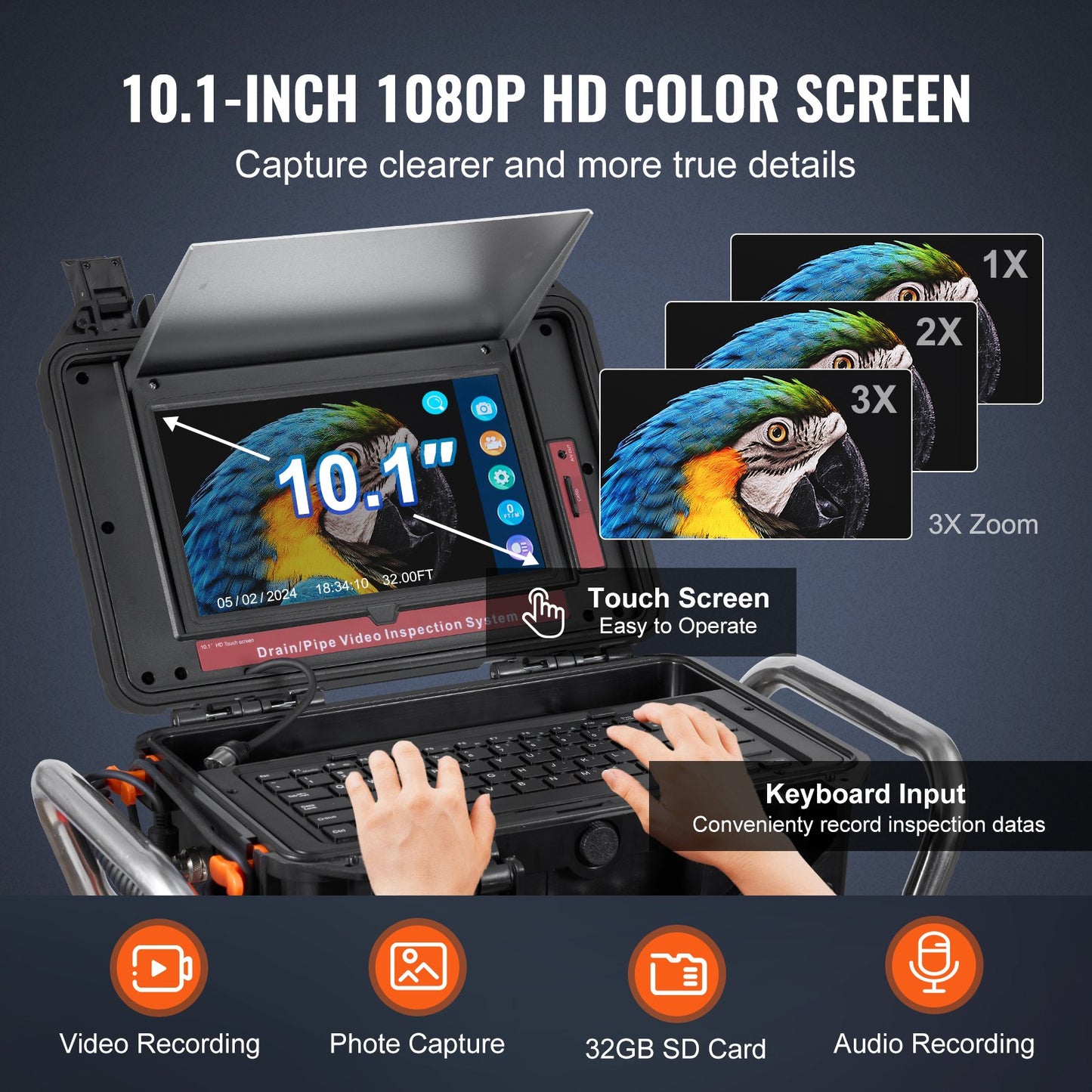 Avloppskamera, 100 m, självnivellerande avloppskamera med 10,1" pekskärm, 512Hz sändare och avståndsräknare, IP67 Snake-rörledningskamera med lampor - 12 LED-lampor, 32 GB-kort för kanalrör