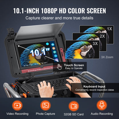 Avloppskamera, 100 m, självnivellerande avloppskamera med 10,1" pekskärm, 512Hz sändare och avståndsräknare, IP67 Snake-rörledningskamera med lampor - 12 LED-lampor, 32 GB-kort för kanalrör