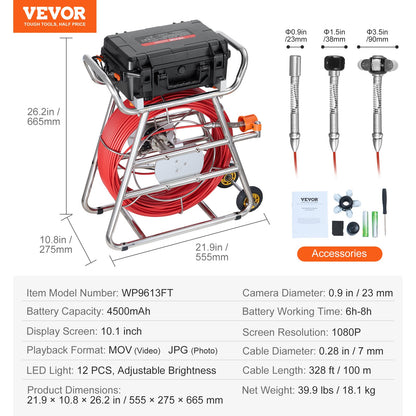 Avloppskamera, 100 m, självnivellerande avloppskamera med 10,1" pekskärm, 512Hz sändare och avståndsräknare, IP67 Snake-rörledningskamera med lampor - 12 LED-lampor, 32 GB-kort för kanalrör