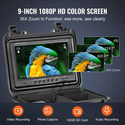 Avloppskamera, 98 fot/30 m, självnivellerande avloppsinspektionskamera med 9" 1080P HD-skärm, 36X zoom, IP68 vattentät VVS-kamera med lampor-12 LED-lampor, 32 GB-korts ormkamera för kanalrör