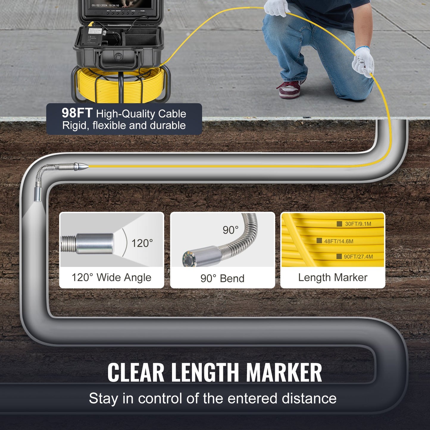 Avloppskamera, 98 fot/30 m, självnivellerande avloppsinspektionskamera med 9" 1080P HD-skärm, 36X zoom, IP68 vattentät VVS-kamera med lampor-12 LED-lampor, 32 GB-korts ormkamera för kanalrör