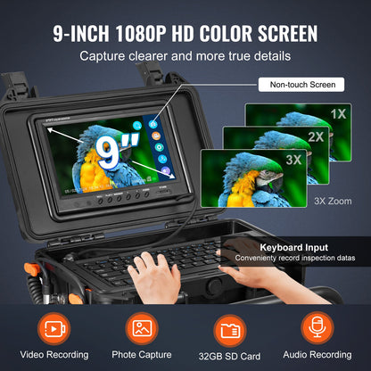 Avloppskamera, 70 m, självnivellerande avloppskamera med 512 Hz-sändare, avståndsmätare, 9-tums skärm 1080P HD Snake-rörledningskamera med ljus - 12 LED-lampor och 32 GB-kort för kanalrör