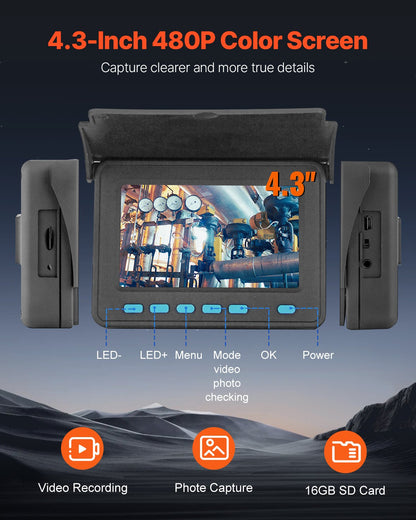 Avloppskamera, 30 m, 4,3-tums avloppsinspektionskamera med lampor - 6 justerbara lysdioder, 16 GB-kort, 3X zoom och 8500 mAh högkapacitetsbatteri, IP68 vattentät VVS-kamera för avloppsrör