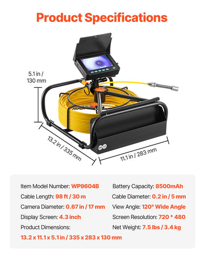Avloppskamera, 30 m, 4,3-tums avloppsinspektionskamera med lampor - 6 justerbara lysdioder, 16 GB-kort, 3X zoom och 8500 mAh högkapacitetsbatteri, IP68 vattentät VVS-kamera för avloppsrör