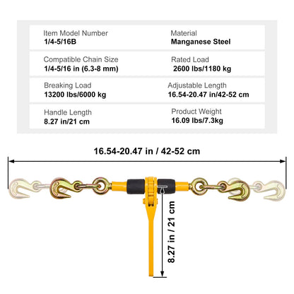 Spärrkedjebindare, 1/4"-5/16", 2600 lbs säker arbetsbelastning, 4-pack lastbindare med 2 gripkrokar, surrningsfästen för transportkedja, kraftiga dragkedjespärrkedjor för flaklastbilar