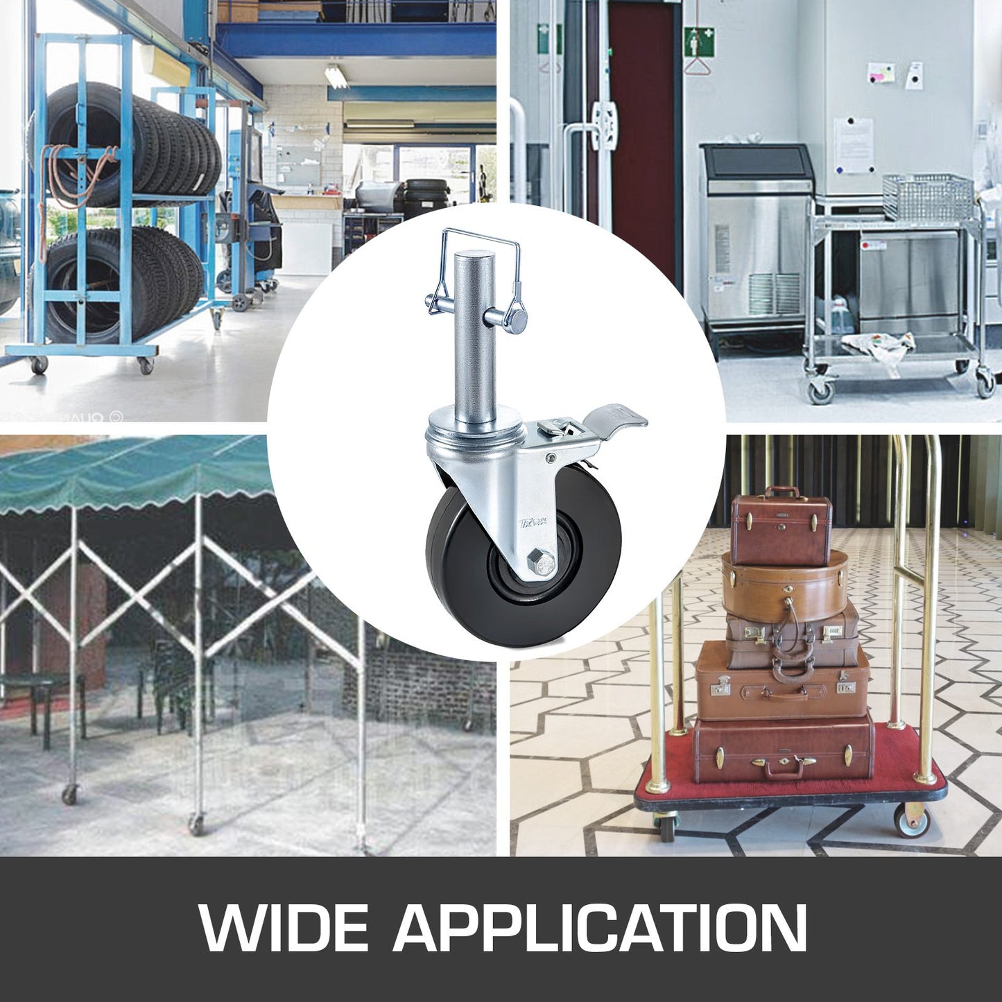 4-pack 5" gummihjul för ställning med dubbel låsning, kraftiga hjul, 1" solid rund stång, 280 kg kapacitet per hjul för lager- och industriutrustning