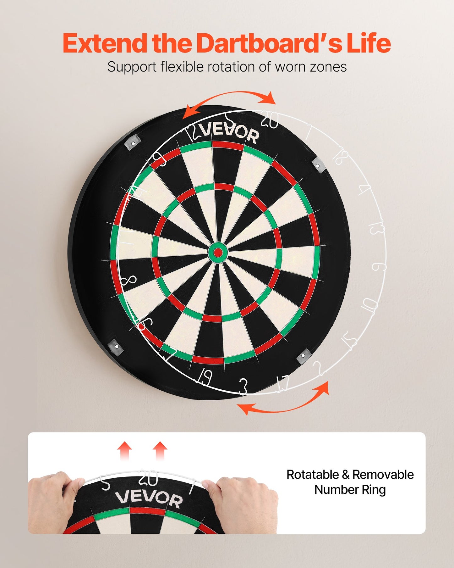 Darttavla, självläkande darttavla i högkvalitativ sisalfiber med klammerfri Bullseye, bladtråd och roterande nummerring, 450 mm professionell darttavla för hemmafest- och spelrum (dart ingår ej)