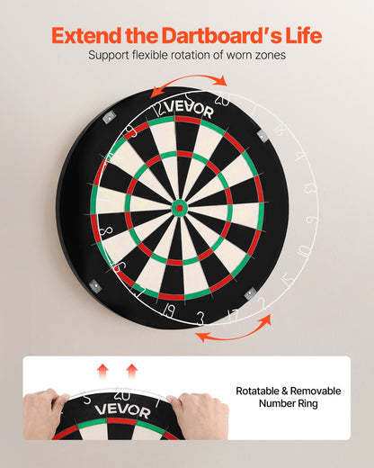 Darttavla, självläkande darttavla i högkvalitativ sisalfiber med klammerfri Bullseye, bladtråd och roterande nummerring, 450 mm professionell darttavla för hemmafest- och spelrum (dart ingår ej)