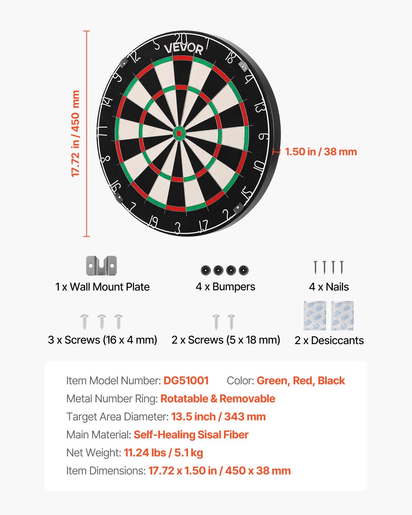 Darttavla, självläkande darttavla i högkvalitativ sisalfiber med klammerfri Bullseye, bladtråd och roterande nummerring, 450 mm professionell darttavla för hemmafest- och spelrum (dart ingår ej)