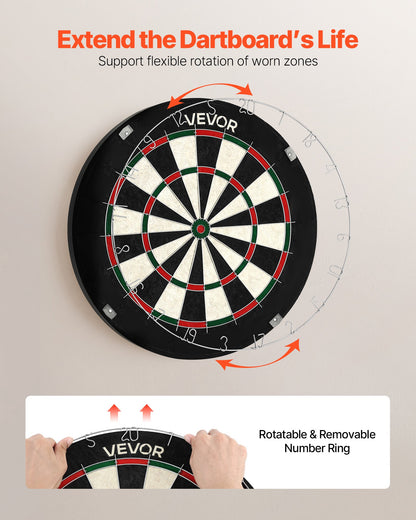 Darttavla med 6 pilar och poängsättningskit, självläkande sisalfiber-darttavla med klammerfri bullseye och roterande nummerring, 451 mm professionell stålspets-darttavla för hemmafest- och spelrum
