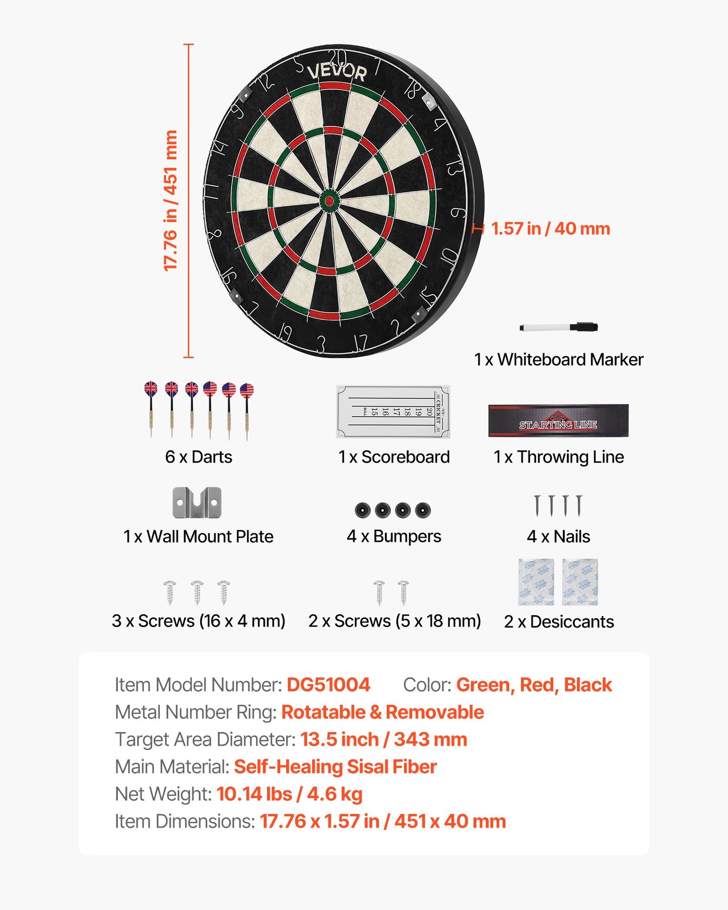 Darttavla med 6 pilar och poängsättningskit, självläkande sisalfiber-darttavla med klammerfri bullseye och roterande nummerring, 451 mm professionell stålspets-darttavla för hemmafest- och spelrum