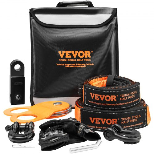 Off-Road Recovery Kit, 7.6 x 914.4 cm, Heavy Duty Winch Recovery Kit with 13,608 kg Tow Straps, 20,000 kg D-Ring Shackles, Shackle Receiver, Snatch Block Pulley, Gloves, Storage Bag for ATV Jeep Truck