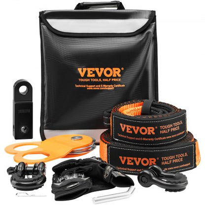 Off-Road Recovery Kit, 7.6 x 914.4 cm, Heavy Duty Winch Recovery Kit with 13,608 kg Tow Straps, 20,000 kg D-Ring Shackles, Shackle Receiver, Snatch Block Pulley, Gloves, Storage Bag for ATV Jeep Truck