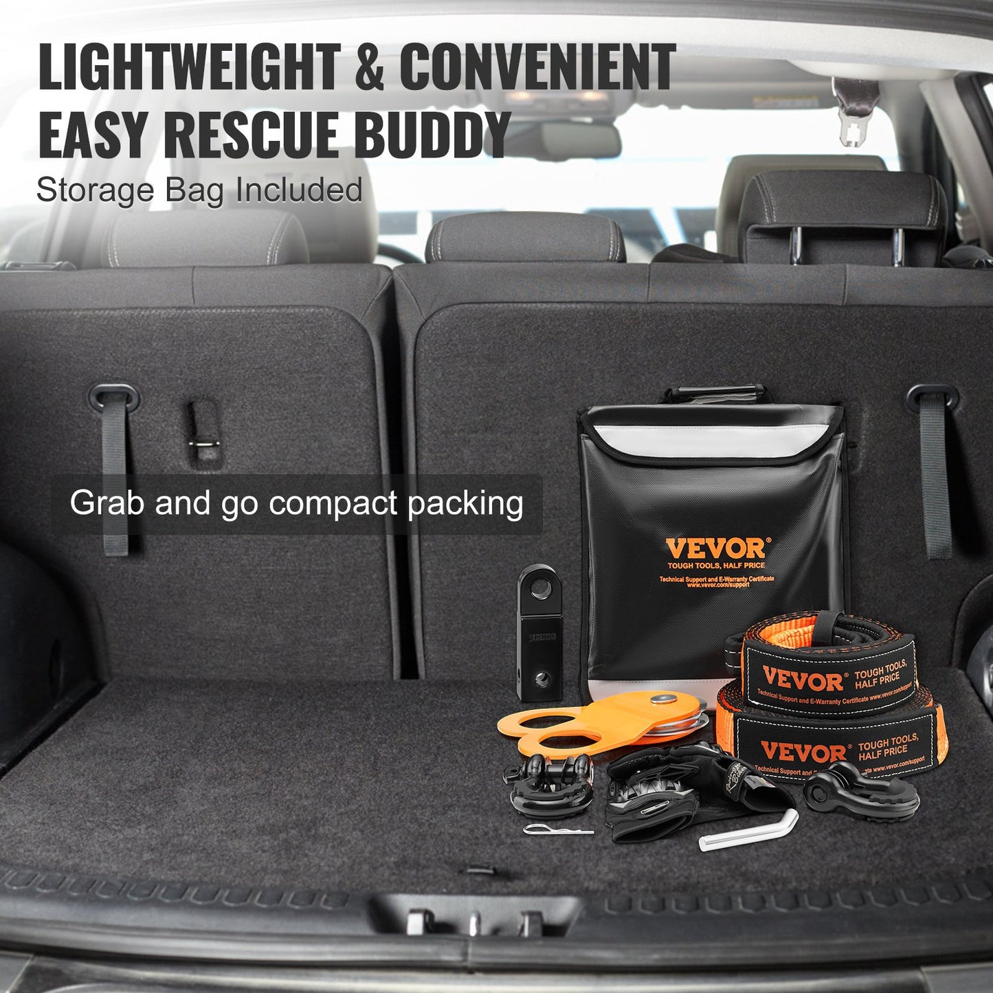 Off-Road Recovery Kit, 7.6 x 914.4 cm, Heavy Duty Winch Recovery Kit with 13,608 kg Tow Straps, 20,000 kg D-Ring Shackles, Shackle Receiver, Snatch Block Pulley, Gloves, Storage Bag for ATV Jeep Truck