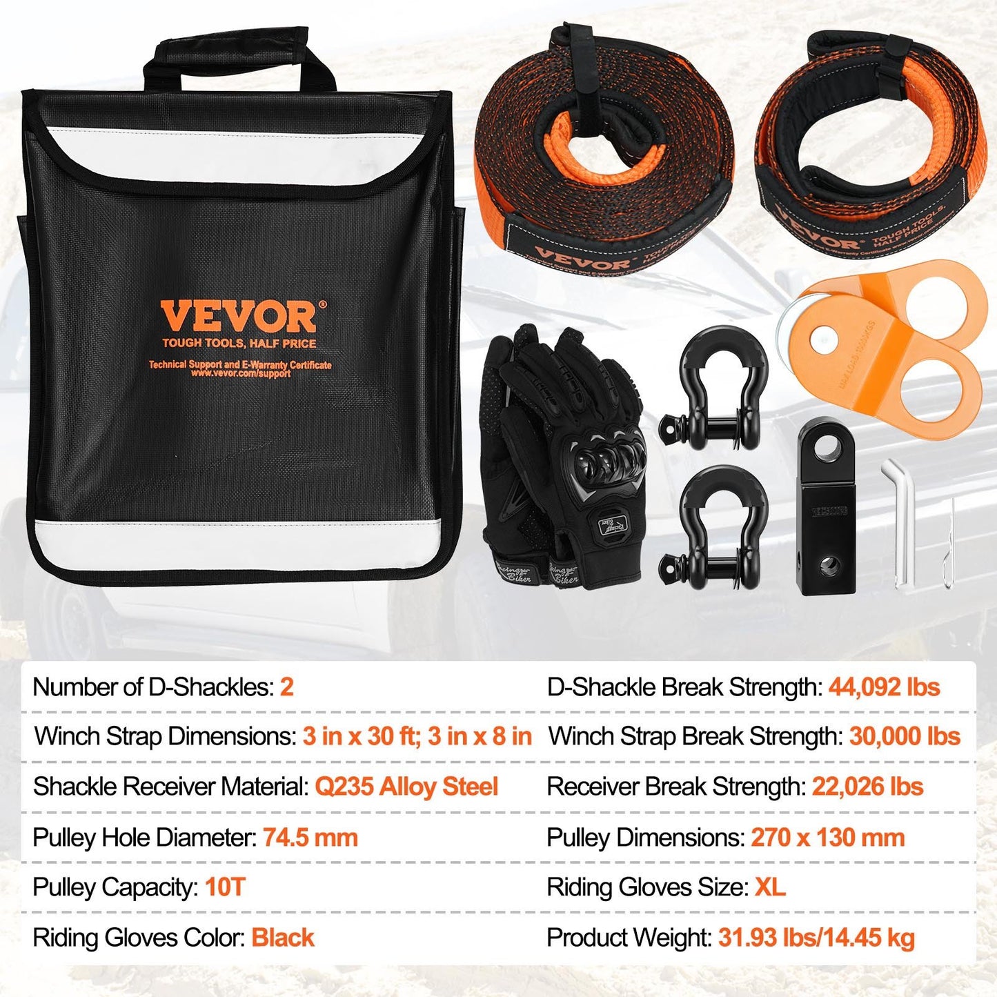 Off-Road Recovery Kit, 7.6 x 914.4 cm, Heavy Duty Winch Recovery Kit with 13,608 kg Tow Straps, 20,000 kg D-Ring Shackles, Shackle Receiver, Snatch Block Pulley, Gloves, Storage Bag for ATV Jeep Truck