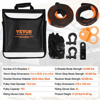 Off-Road Recovery Kit, 7.6 x 914.4 cm, Heavy Duty Winch Recovery Kit with 13,608 kg Tow Straps, 20,000 kg D-Ring Shackles, Shackle Receiver, Snatch Block Pulley, Gloves, Storage Bag for ATV Jeep Truck