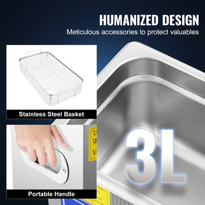 Professionell ultraljudsrengörare, 2,85 l ultraljudsrengörare för smycken med digital timer och värmare, industriell sonisk rengöring i rostfritt stål 40 kHz för glasögon, klockor, ringar, smådelar