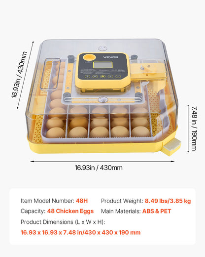 48 Egg Incubator, Automatic Egg Turner with LED Candler, Temperature Display & Auto Humidity Control, 360° View Clear Window, Poultry Eggs Incubator for Hatching Chicks Ducks Goose Quail