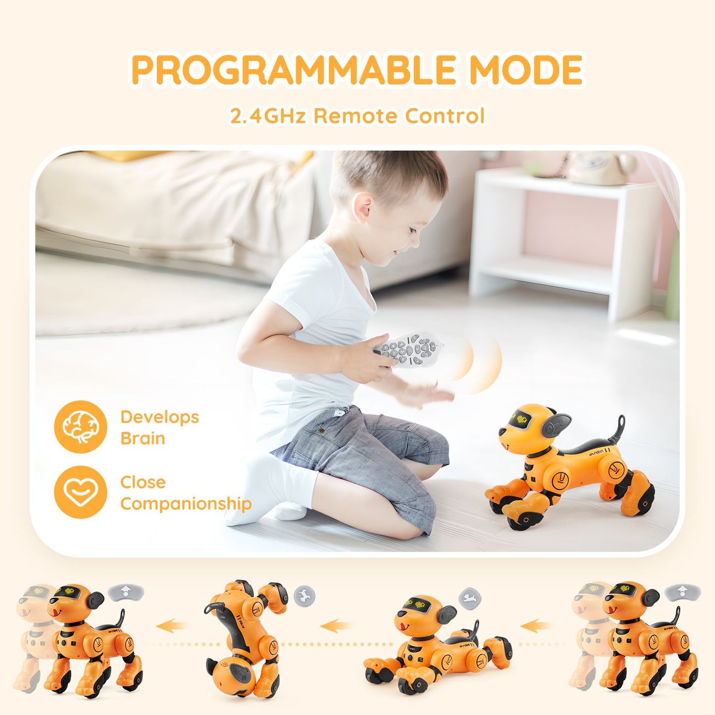 Fjärrstyrd robothundleksak, 2,4 GHz RC-hundprogrammerbar smart interaktiv robotdjur för barn med följfunktion, pek- och röststyrning, sjungande dansande RC-stuntleksak för ålder 3+ pojkar flickor