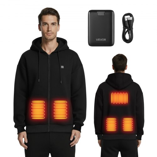 Heated Jacket Hoodie for Men Women, Heated Sweatshirt Unisex Full-Zip with 7.4V 16000mAh Power Bank Pack, 5 Heating Zones, 3 Temp Levels, 4-8H Warmth, for Winter Outdoor Camping, Black