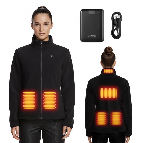 Heated Fleece Jacket for Women, Heated Sweatshirt with 7.4V 16000mAh Rechargeable Power Bank Pack, 6 Heating Zones, 3 Temp Levels, 3h/6h/10h Warmth, for Winter Outdoor Camping, Black
