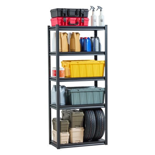 Förvaringshyllor, 900 kg, 5-vånings garageförvaringshylla, 40 cm D x 81 cm B x 183 cm H Justerbara metallhyllor för garagehyllor Verktygshylla, Perfekt för kök, lager, källare, Svart