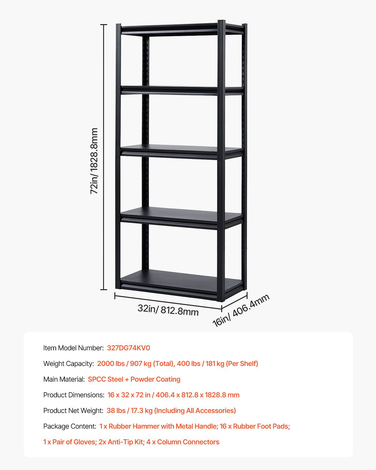 Förvaringshyllor, 900 kg, 5-vånings garageförvaringshylla, 40 cm D x 81 cm B x 183 cm H Justerbara metallhyllor för garagehyllor Verktygshylla, Perfekt för kök, lager, källare, Svart