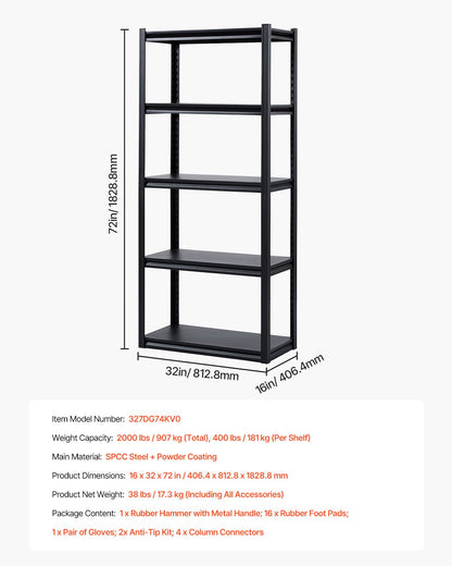Förvaringshyllor, 900 kg, 5-vånings garageförvaringshylla, 40 cm D x 81 cm B x 183 cm H Justerbara metallhyllor för garagehyllor Verktygshylla, Perfekt för kök, lager, källare, Svart