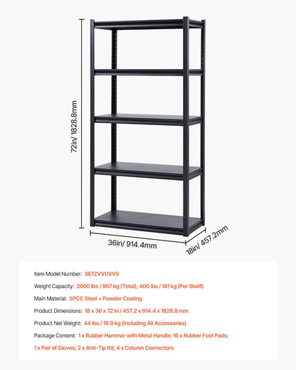 Förvaringshyllor, 900 kg, 5-vånings garageförvaringshylla, 46 cm D x 91 cm B x 183 cm H Justerbara metallhyllor för garagehyllor Verktygshylla, Perfekt för kök, lager, källare, Svart