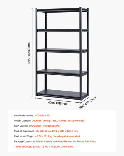 Förvaringshyllor, 900 kg, 5-vånings garageförvaringshylla, 48 cm D x 100 cm B x 180 cm H Justerbara metallhyllor för garagehyllor Verktygshylla, Perfekt för kök, lager, källare, Svart