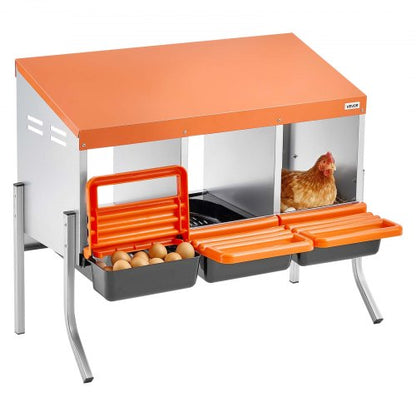 Chicken Nesting Boxes, 3 Compartments, with Support Legs, Easy Egg Collection, Galvanized Steel and High-Strength Plastic, Roll Away Nesting Boxes for Chickens and Hens Laying Eggs, Orange