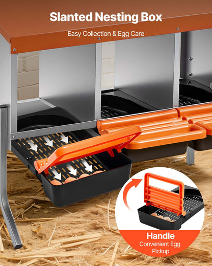 Chicken Nesting Boxes, 3 Compartments, with Support Legs, Easy Egg Collection, Galvanized Steel and High-Strength Plastic, Roll Away Nesting Boxes for Chickens and Hens Laying Eggs, Orange