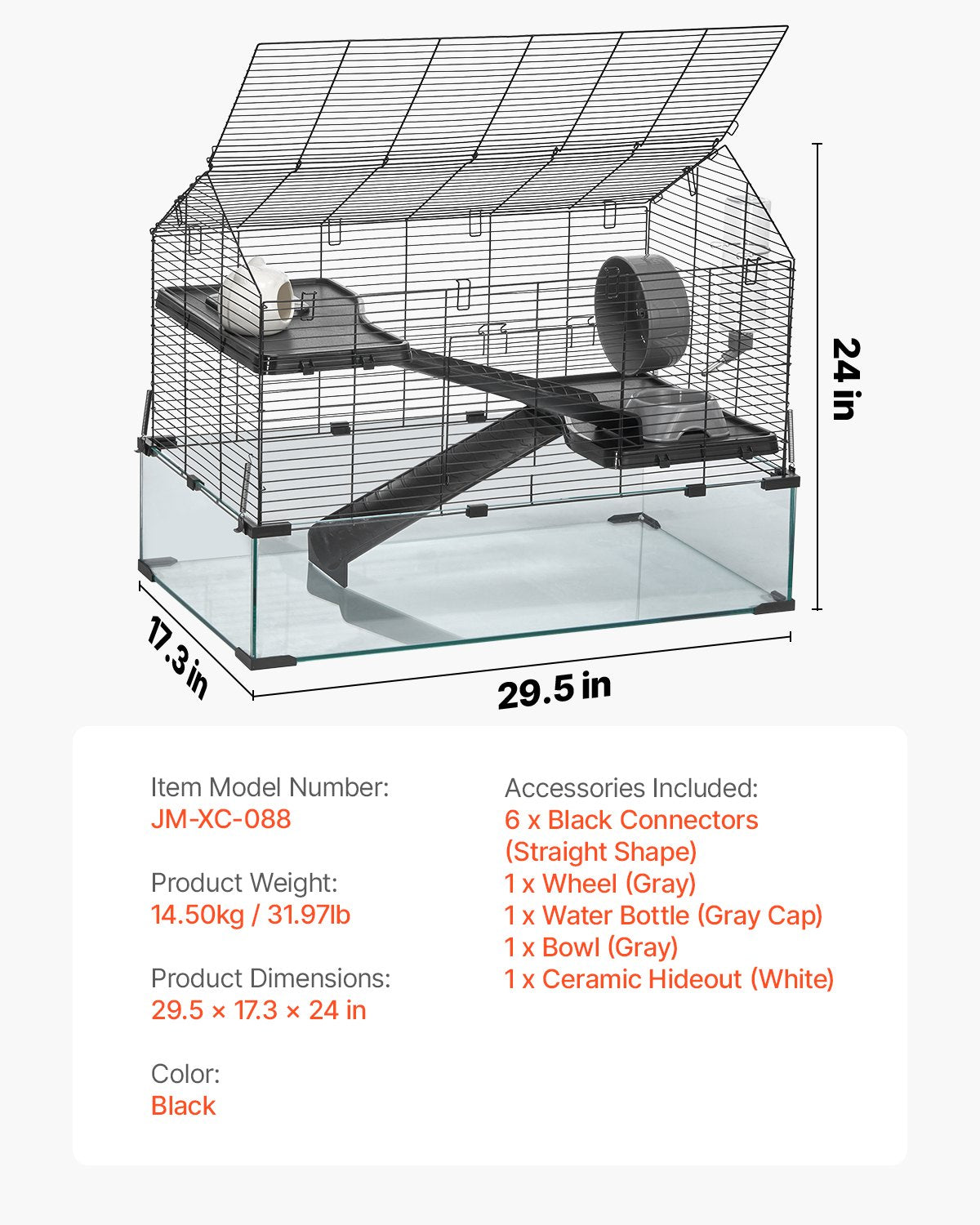 Hamsterbur, 360° visning, transparenta hamstermiljöer, smådjursbur, 29,5 x 17,3 x 24 tum, ventilerade musburar med vattenflaska, bärbart hamsterhus för råttor, marsvin