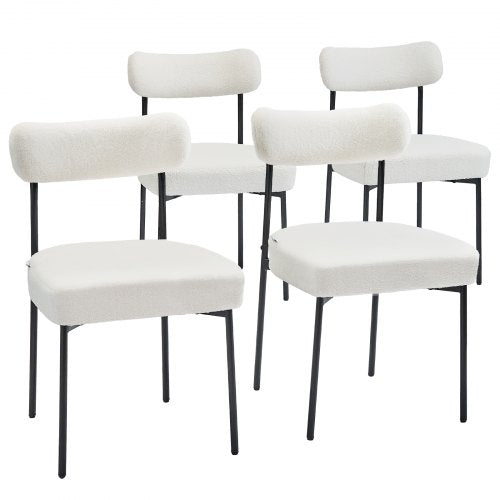 Boucle matstolar, set om 4, moderna sherpa-accentstolar i 50-talets moderna stil, klädd sidostol för matbord, platsbesparande vit köksbordsstol med böjt ryggstöd och svarta metallben