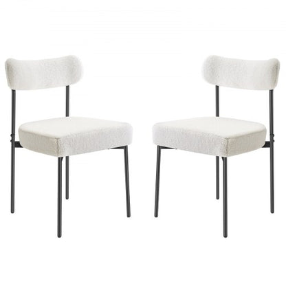 Boucle matstolar, set om 2, moderna sherpa-accentstolar i 50-talets moderna stil, klädd sidostol för matbord, platsbesparande vit köksbordsstol med böjt ryggstöd och svarta metallben