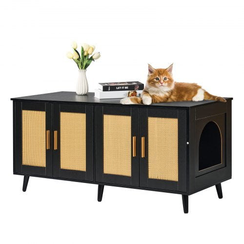 Kattlåda för 2 katter, dold kattlåda med rottingdekorerade dörrar, träskåp för kattlådan passar de flesta av kattlådan, 122 cm L x 49 cm B x 54 cm H, svart