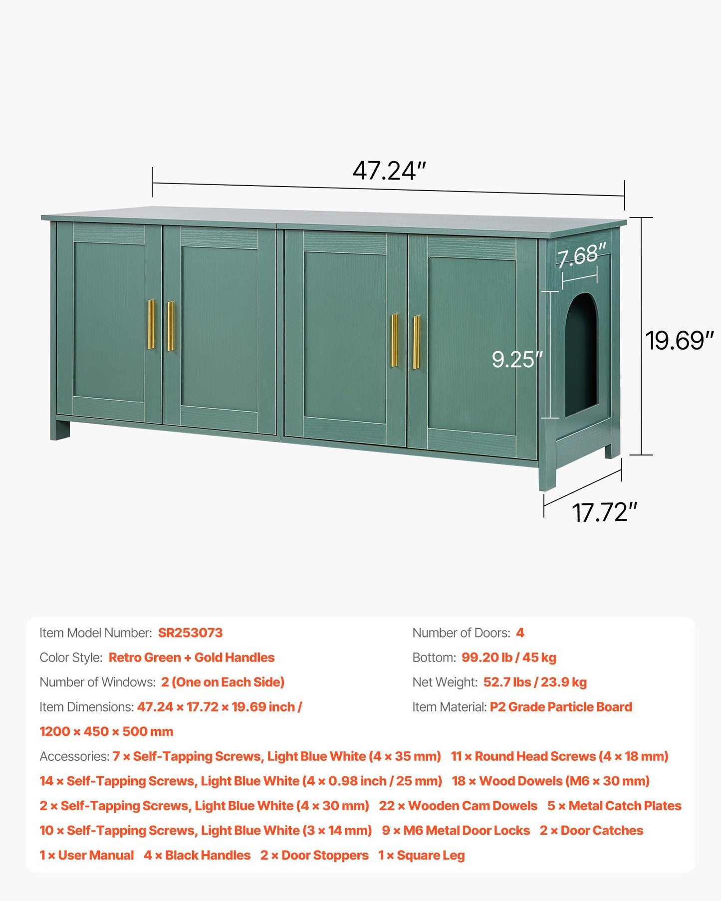 Kattlåda för flera katter, 120 cm dold kattlåda med 4 dörrar och 2 ingångar, inomhustoalett för katter, sidobord i trä för kattmöbler, passar de flesta kattlådor, grön