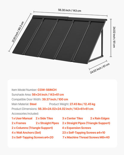 Fast metallmarkis 56 x 24 tum, fönstermarkis, dörrtak, stabil triangelmarkis med stålram för dörrar, utvändigt regn- och snöskydd för dörringång, fönster, verandor, balkonger