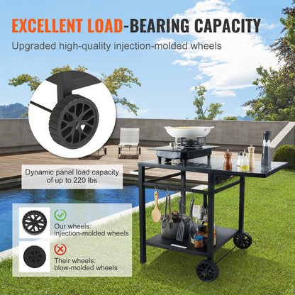 Grillvagn för utomhusbruk med dubbla hyllplan, flyttbart grillbord för matlagning, multifunktionell hopfällbar järnbordsskiva, bärbara modulära vagnar för pizzaugn, arbetsbord med 2 hjul, bärhandtag