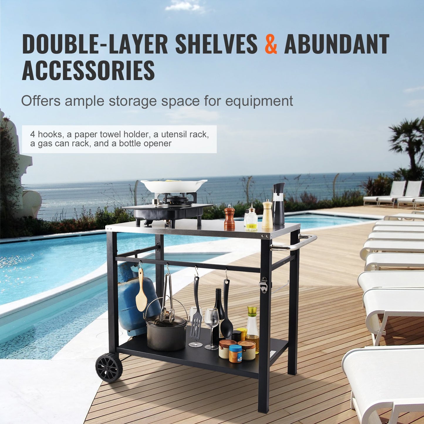 Grillvagn för utomhusbruk med dubbla hyllplan, flyttbart grillbord för matlagning, multifunktionell bordsskiva i rostfritt stål, bärbara modulära vagnar för pizzaugn, arbetsbord med 2 hjul, bärhandtag