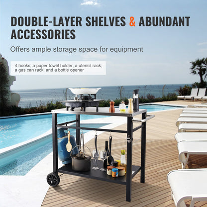 Grillvagn för utomhusbruk med dubbla hyllplan, flyttbart grillbord för matlagning, multifunktionell bordsskiva i rostfritt stål, bärbara modulära vagnar för pizzaugn, arbetsbord med 2 hjul, bärhandtag