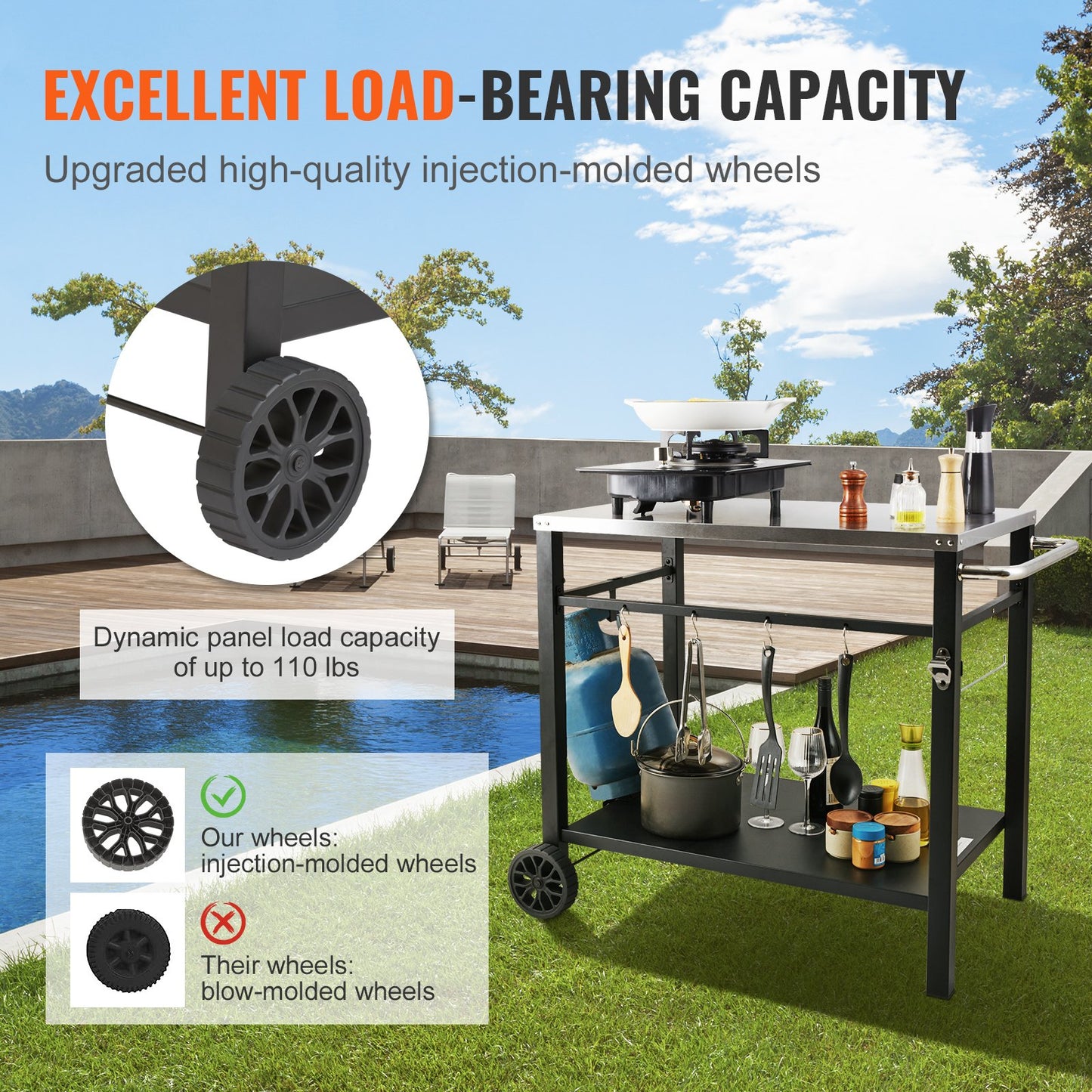 Grillvagn för utomhusbruk med dubbla hyllplan, flyttbart grillbord för matlagning, multifunktionell bordsskiva i rostfritt stål, bärbara modulära vagnar för pizzaugn, arbetsbord med 2 hjul, bärhandtag
