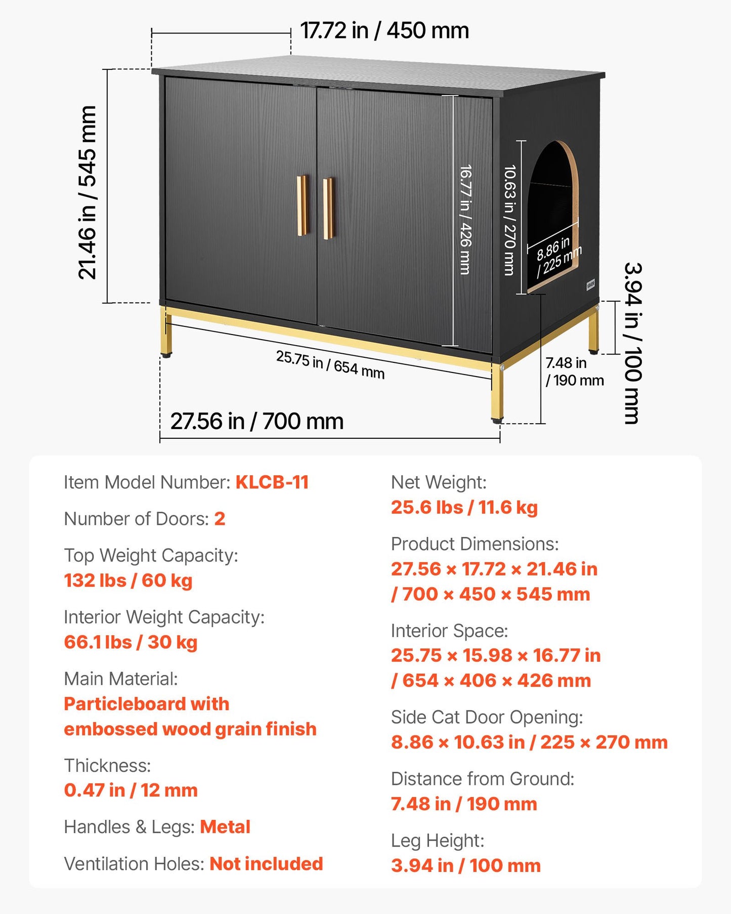 Möbel för kattlåda, 70 cm dold kattlåda med metallben och handtag, modernt sidobord för katttoalett, passar de flesta av kattlådans delar, för sovrum och vardagsrum