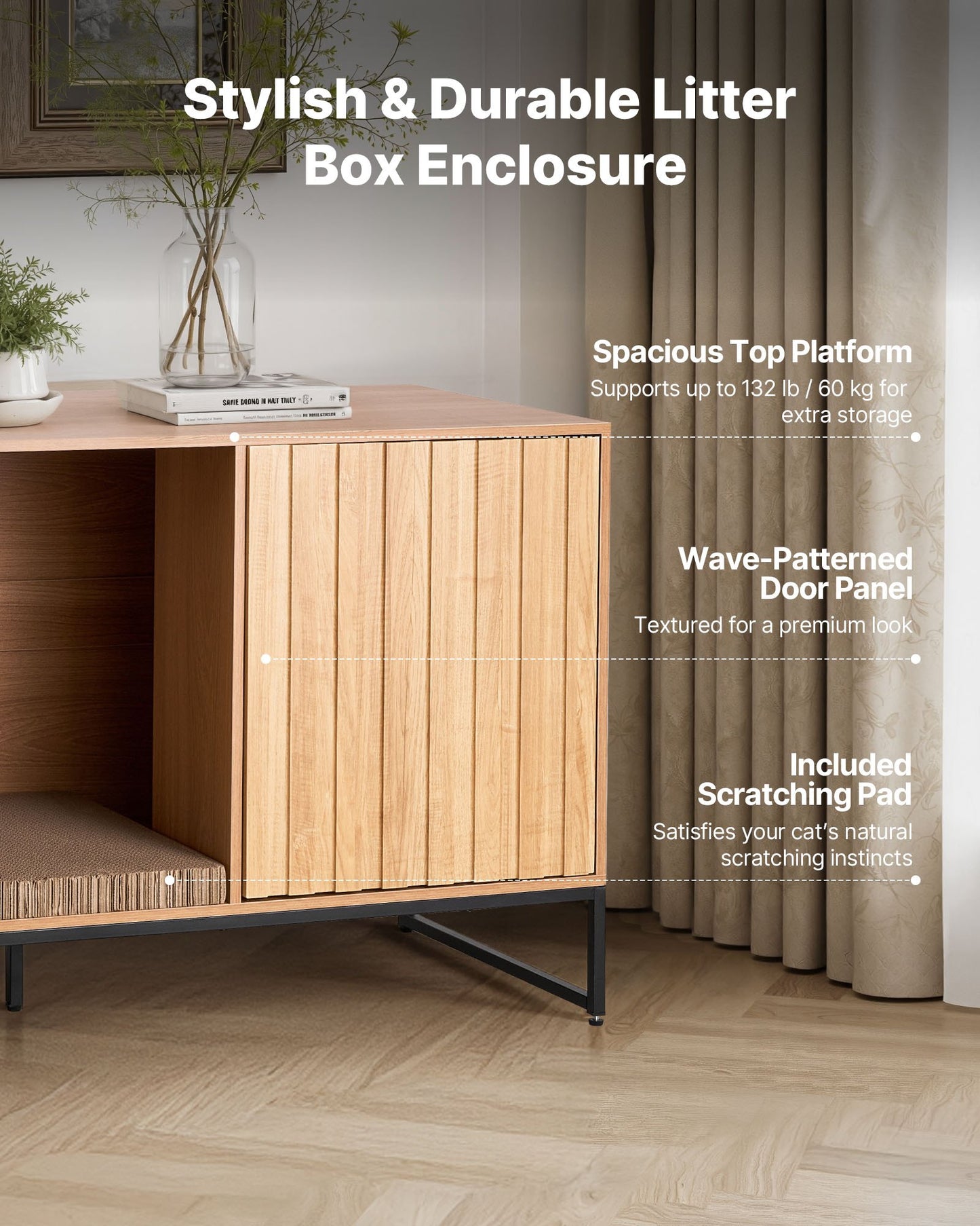Kattlåda, 120 cm dold kattlåda med klösplatta och förvaring, vattentät sidobord för katttoalett, passar de flesta av kattlådans möbler, för sovrum och vardagsrum