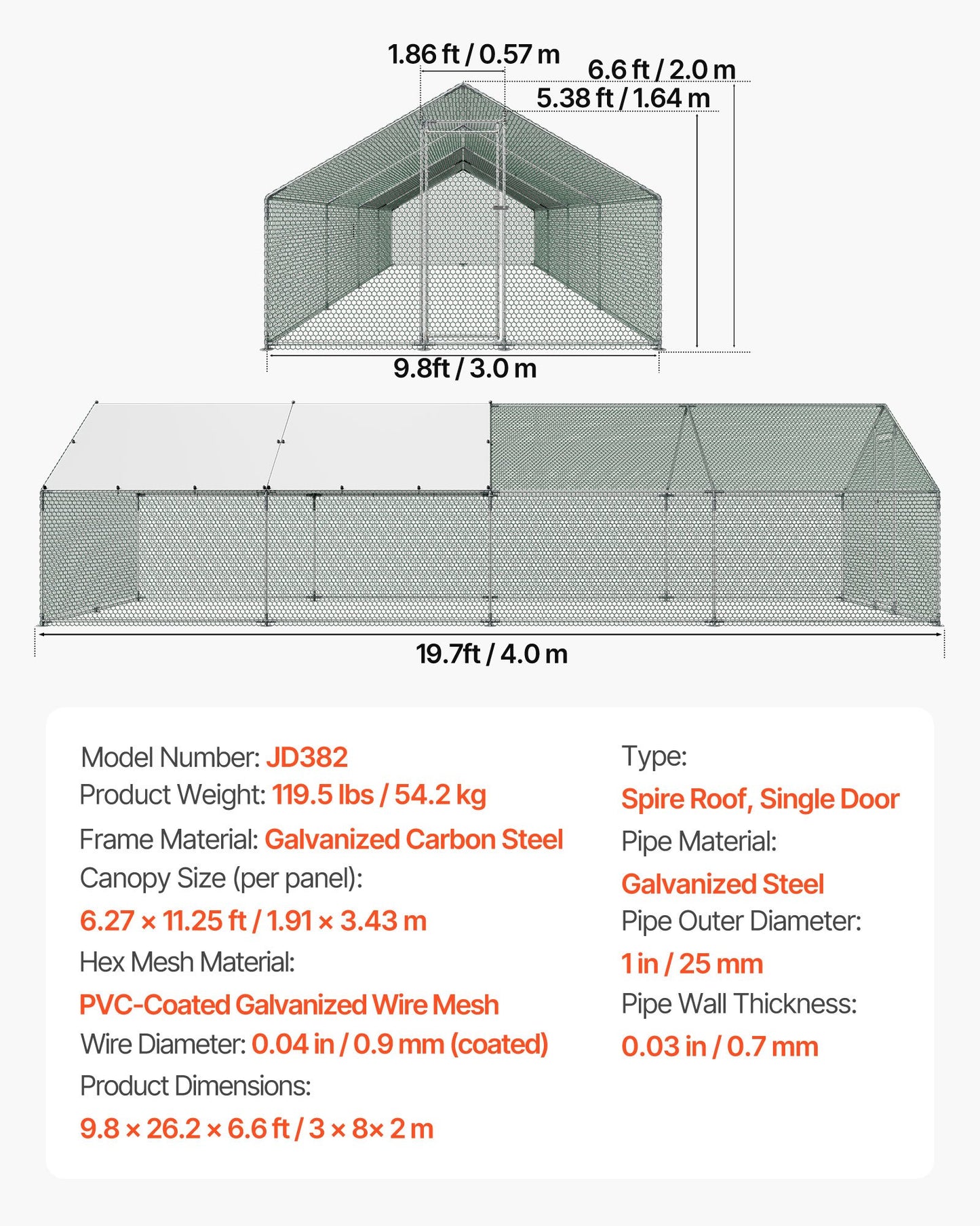 Metal Chicken Coop, 9.8x26.2x6.5 ft Large Walk-in Chicken Runs with Cover, Spire Roof Hen House Enclosure with Security Lock, Outdoor Duck Rabbit Cage Poultry Pen for Backyard, Farm, Yard