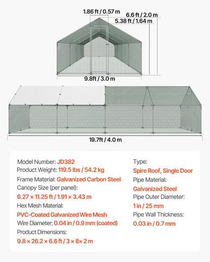 Metal Chicken Coop, 9.8x26.2x6.5 ft Large Walk-in Chicken Runs with Cover, Spire Roof Hen House Enclosure with Security Lock, Outdoor Duck Rabbit Cage Poultry Pen for Backyard, Farm, Yard
