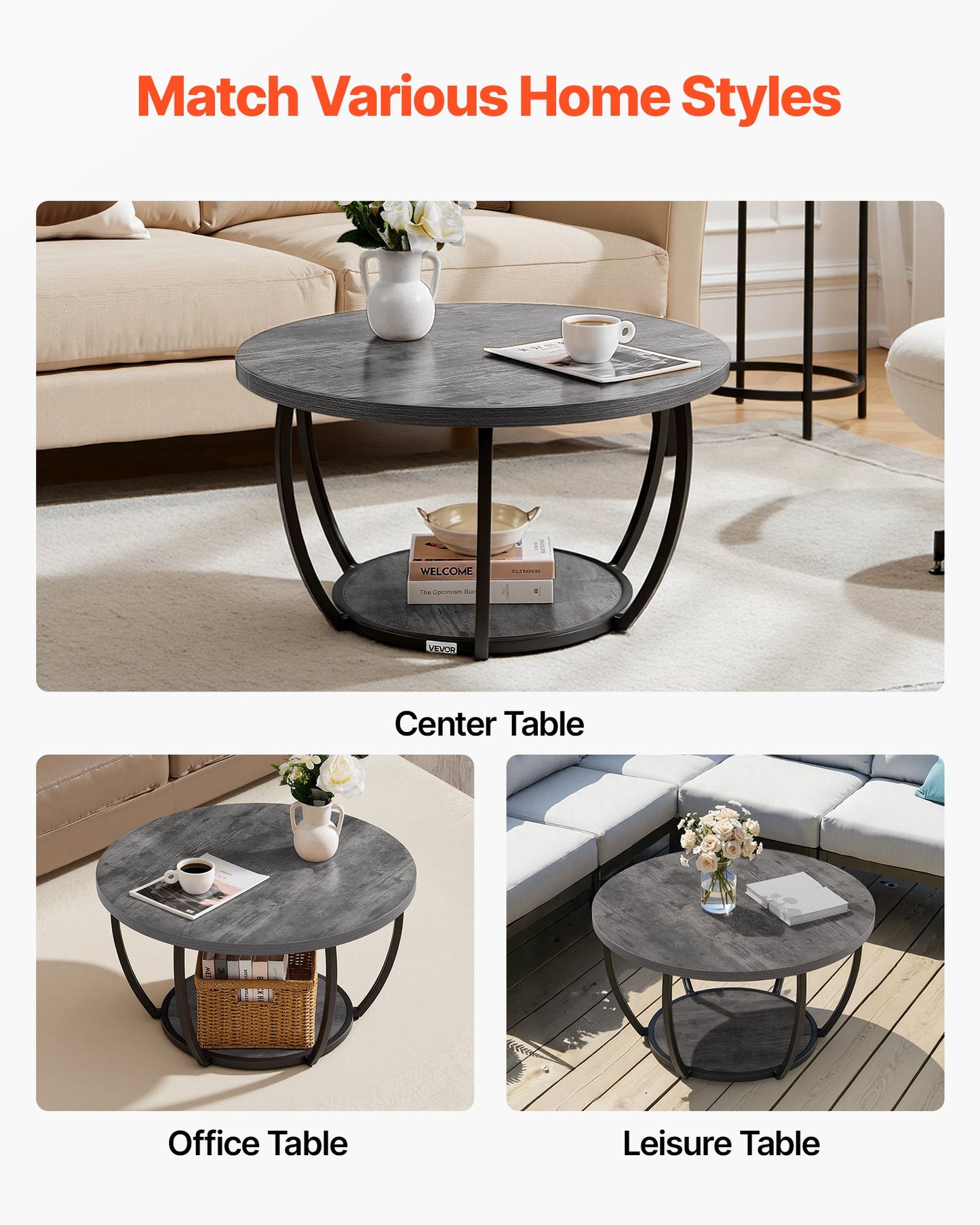 Coffee Table, Modern Round Coffee Table, 2 Tiers Wooden Circle Center Desk with Open Storage, Minimalist Sturdy Metal Frame Accent End Desk for Living Room, Office, Easy Assembly, Grey