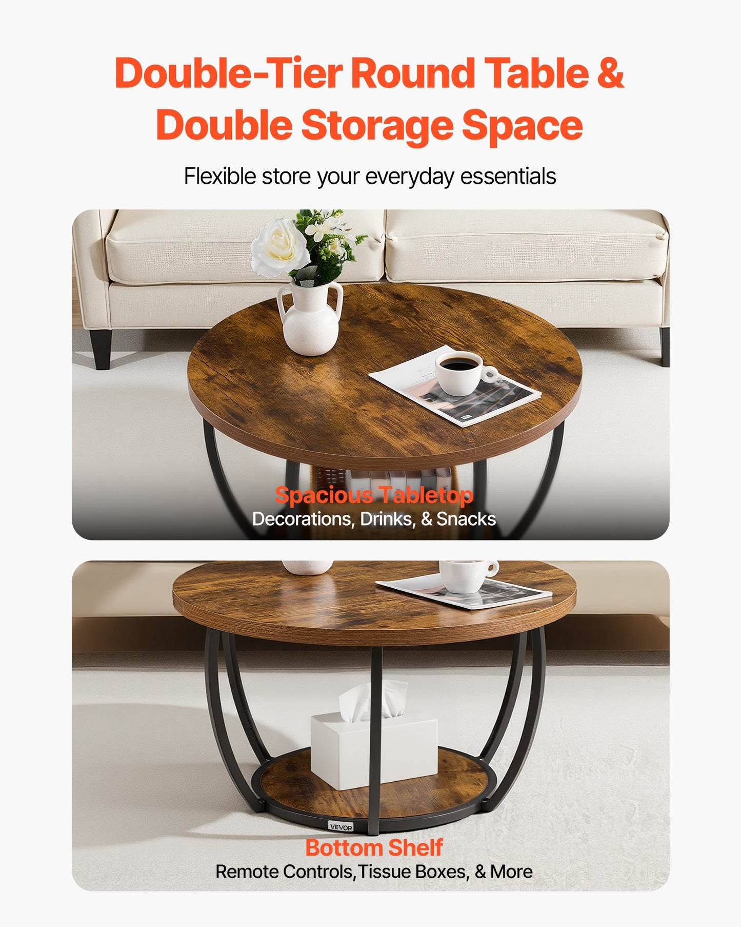 Coffee Table, Modern Round Coffee Table, 2 Tiers Wooden Circle Center Desk with Open Storage, Minimalist Sturdy Metal Frame Accent End Desk for Living Room, Office, Easy Assembly, Rustic Brown