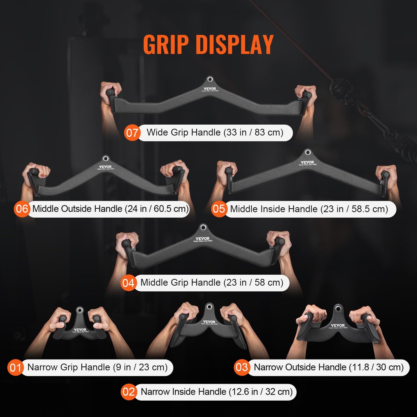 Lat Pulldown-tillbehör, kabelmaskin, rodd, T-stång, V-stång, 7-set, triceps-pulldown-stång, gummibelagt handtag för ryggstyrketräning, bicepscurl, triceps-lats-pulldown-stång för hemmagym, fitness